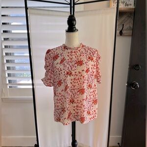 Poppi Floral Ruffle Sleeve Top Pink and Red Mixed Pattern Excellent Like New